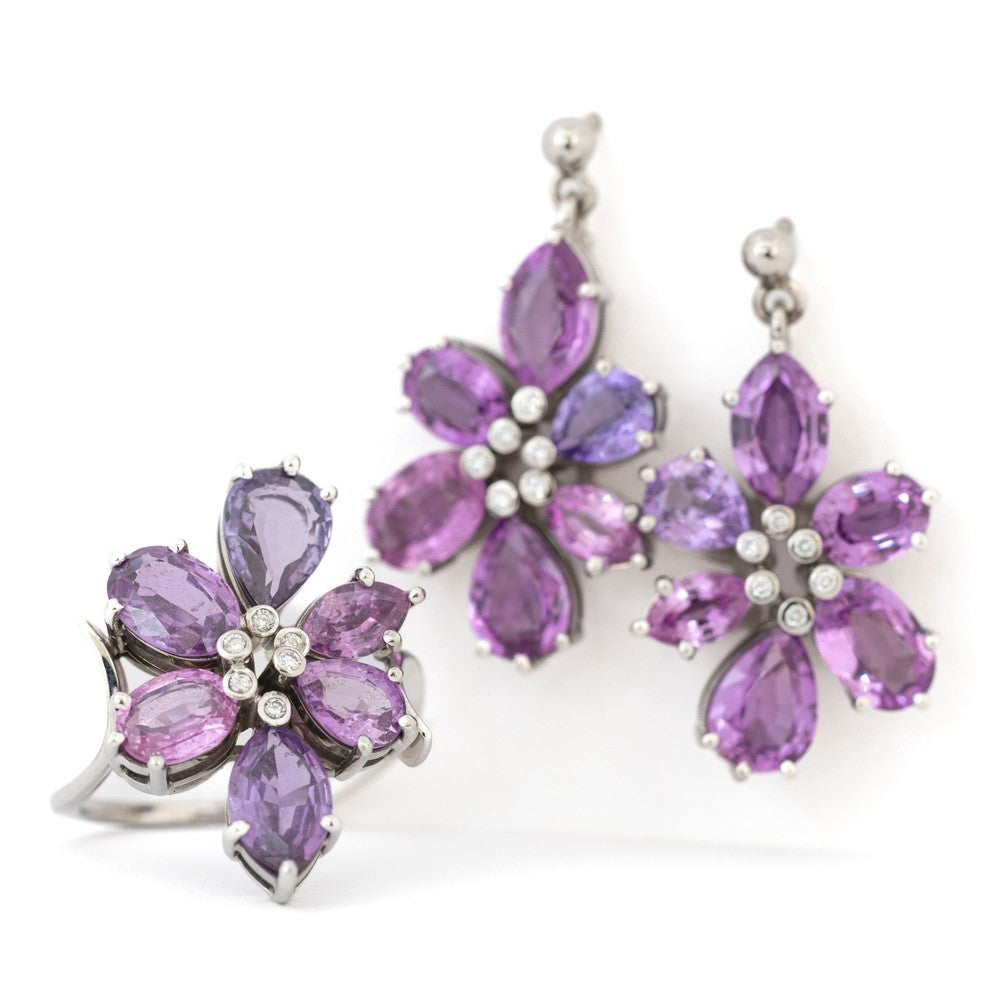 Set - Ring, Earrings in 18k White Gold with Pink Sapphires