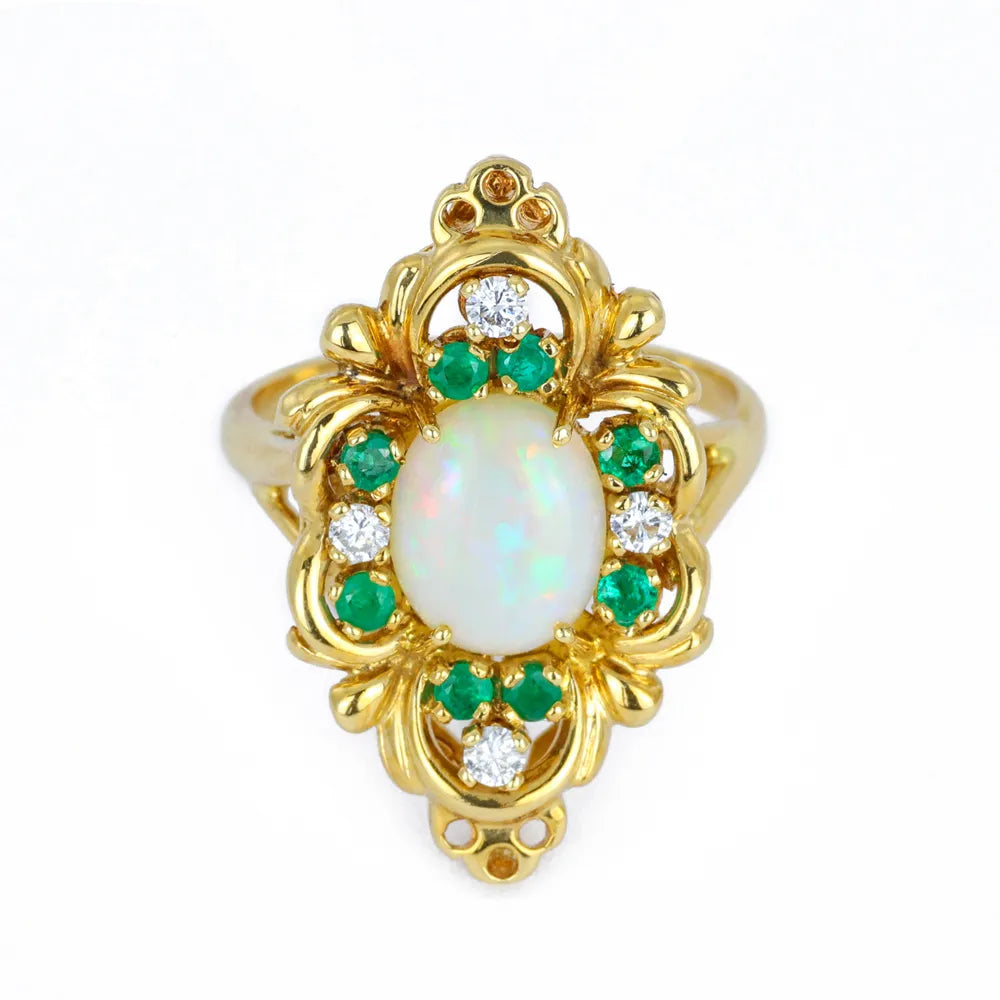 Jewelry Set - 18k Yellow Gold Ring, Earrings, Pendant with Opals and Emeralds