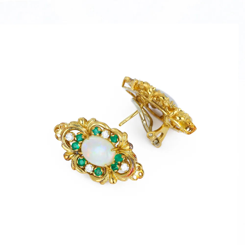 Parure - Bague, Boucles d'oreilles, Pendentif en Or jaune 18k avec Opales et Emeraudes