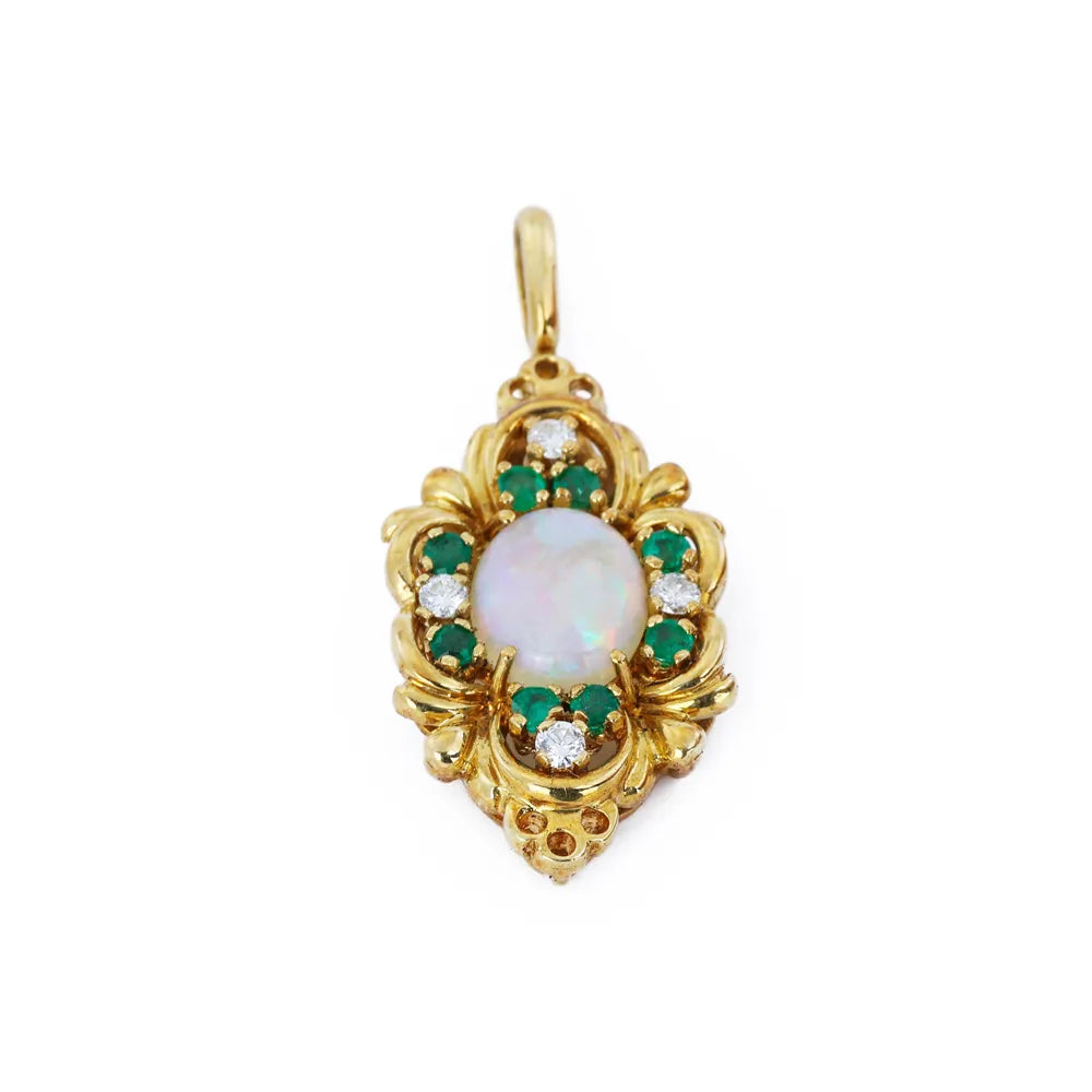 Jewelry Set - 18k Yellow Gold Ring, Earrings, Pendant with Opals and Emeralds