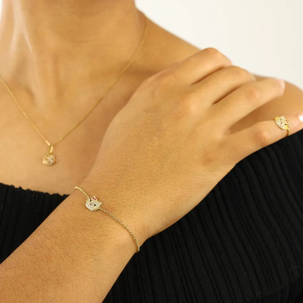 Parure - Bague, Bracelet, Collier en Or jaune 18k - Motif "Hello Kitty"