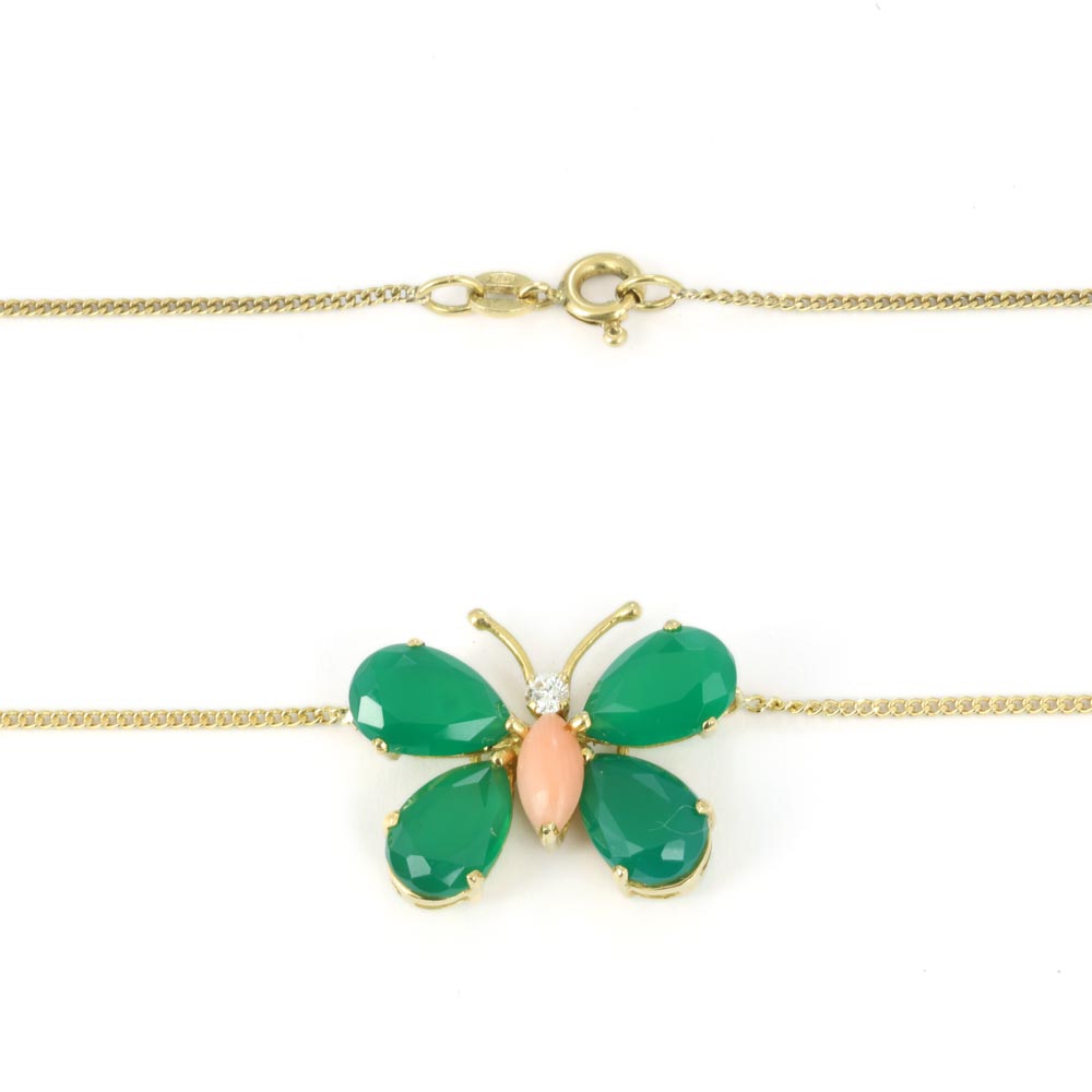 Pendentif en Or jaune 18k avec Chrysoprase, Corail et Diamant - Style "Papillon"