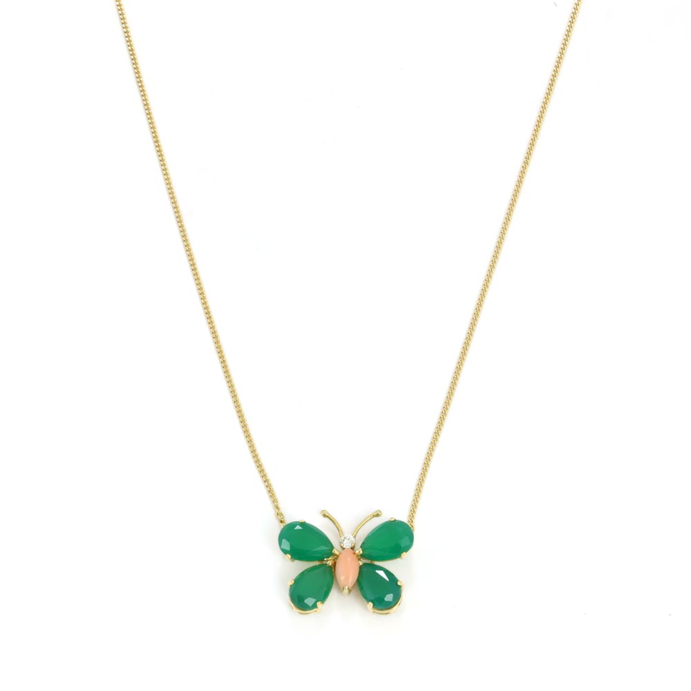 18k Yellow Gold Pendant with Chrysoprase, Coral and Diamond - "Butterfly" Style