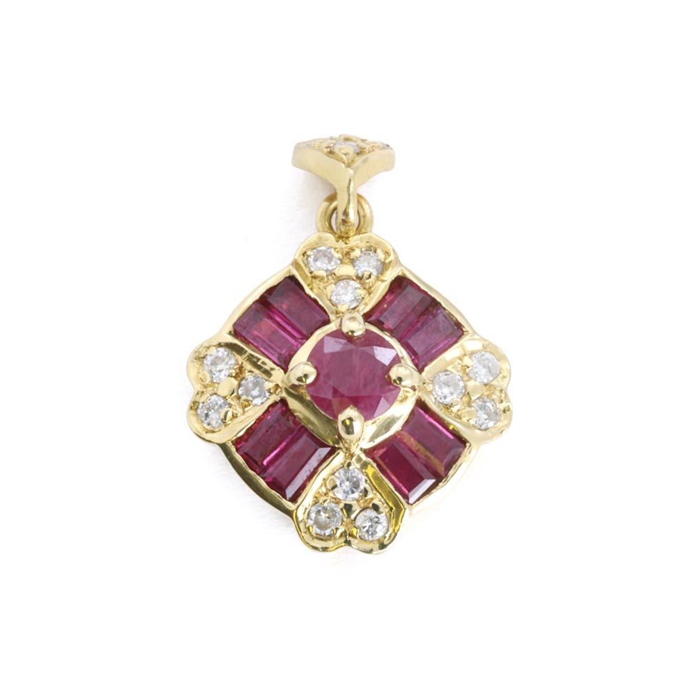 18k Yellow Gold Pendant with Diamonds and Rubies