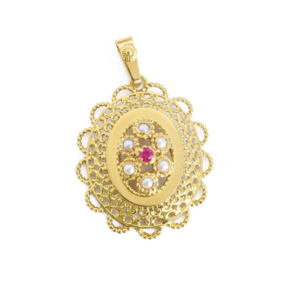 18k Yellow Gold Pendant with Pearls and Synthetic Sapphire