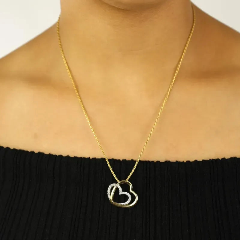 Pendentif en Or jaune et blanc 18k - Motif "Double coeurs" avec diamants