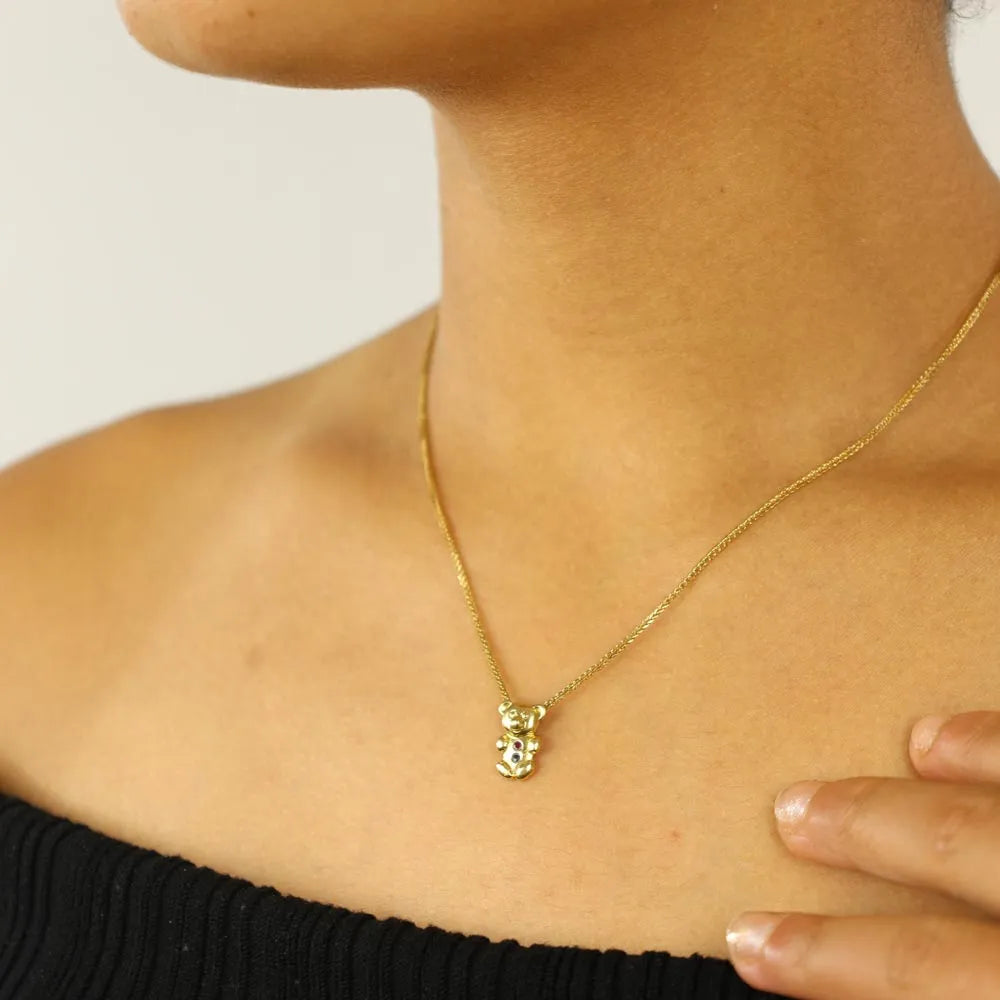 18k Yellow Gold Pendant - "Teddy Bear" Design with Ruby and Emerald