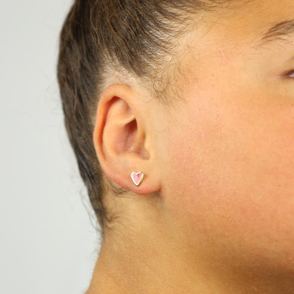 Puces d'oreilles en Or jaune 18k - Motif "Coeur émaillé rouge"