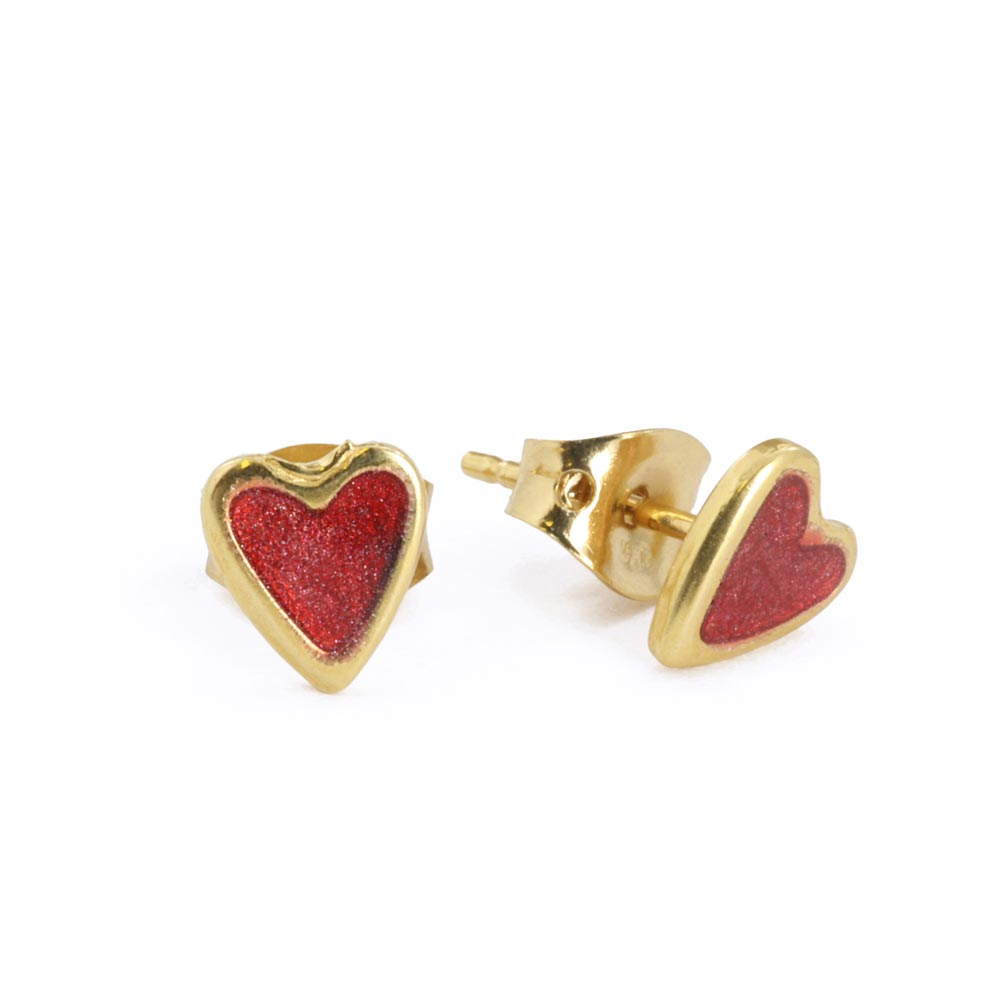 Puces d'oreilles en Or jaune 18k - Motif "Coeur émaillé rouge"
