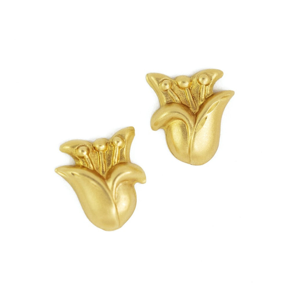 18k Yellow Gold Stud Earrings - "Stylized Flowers" Motif