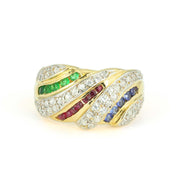 Bague en Or jaune 18k avec Verre de 3 couleurs et Zirconiums