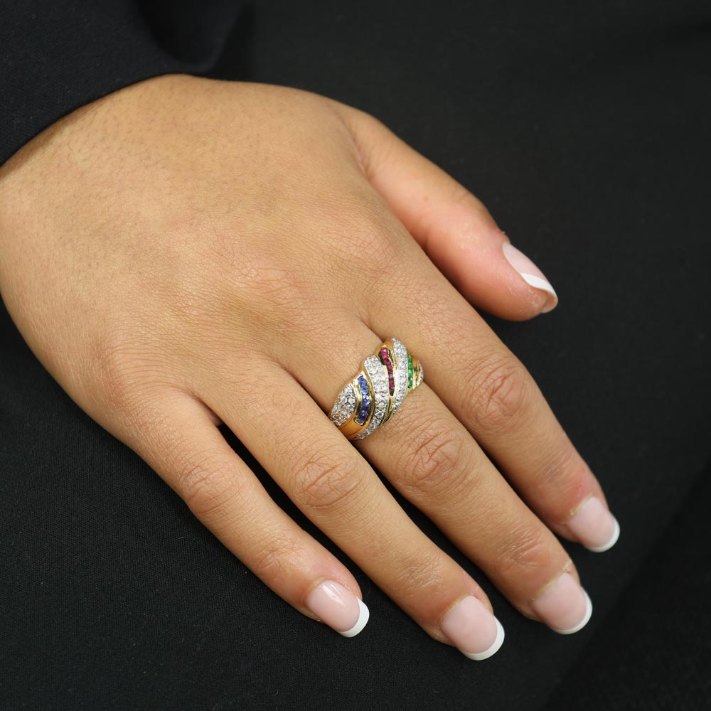 Bague en Or jaune 18k avec Verre de 3 couleurs et Zirconiums