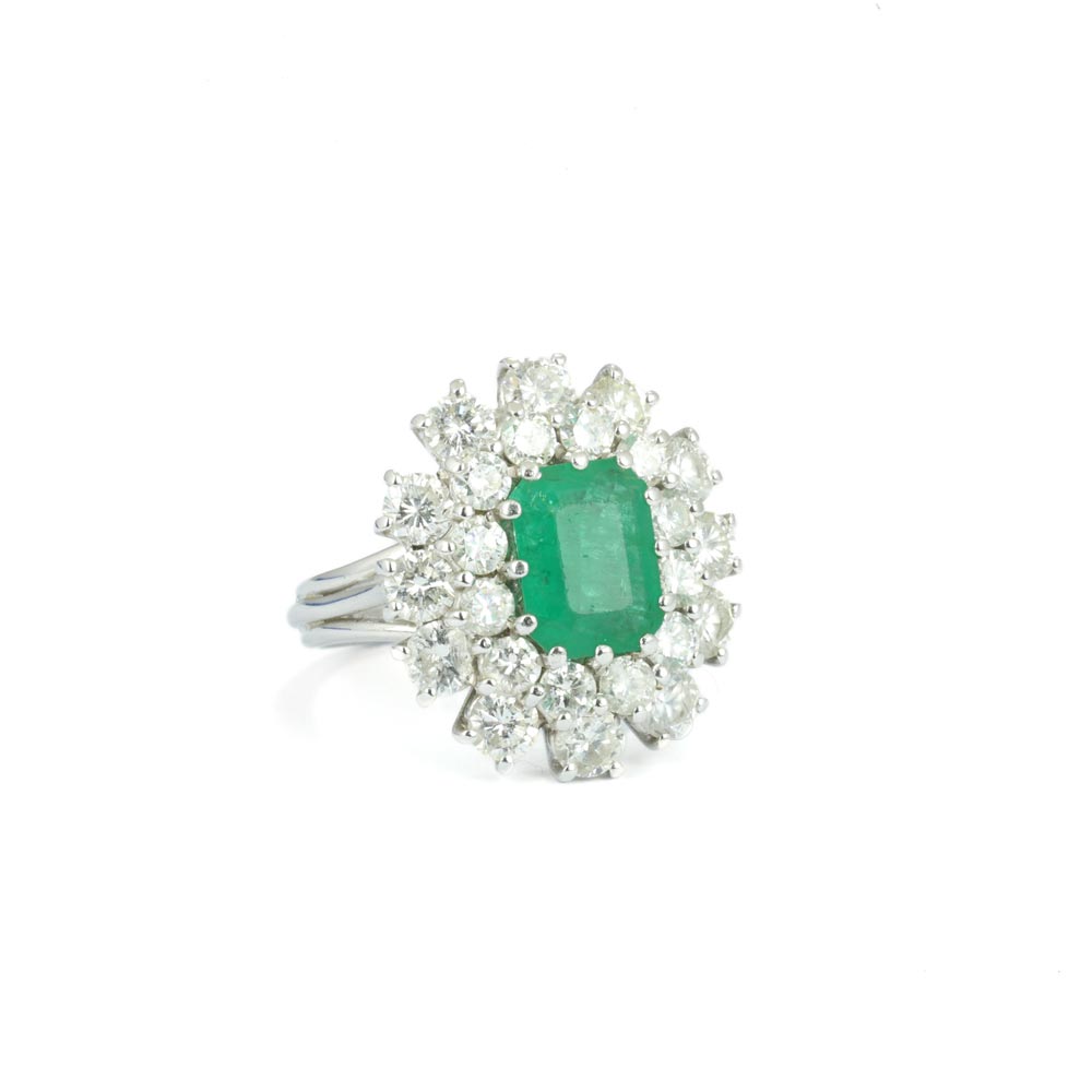 Bague en Or Blanc 18k avec Emeraude et Diamants