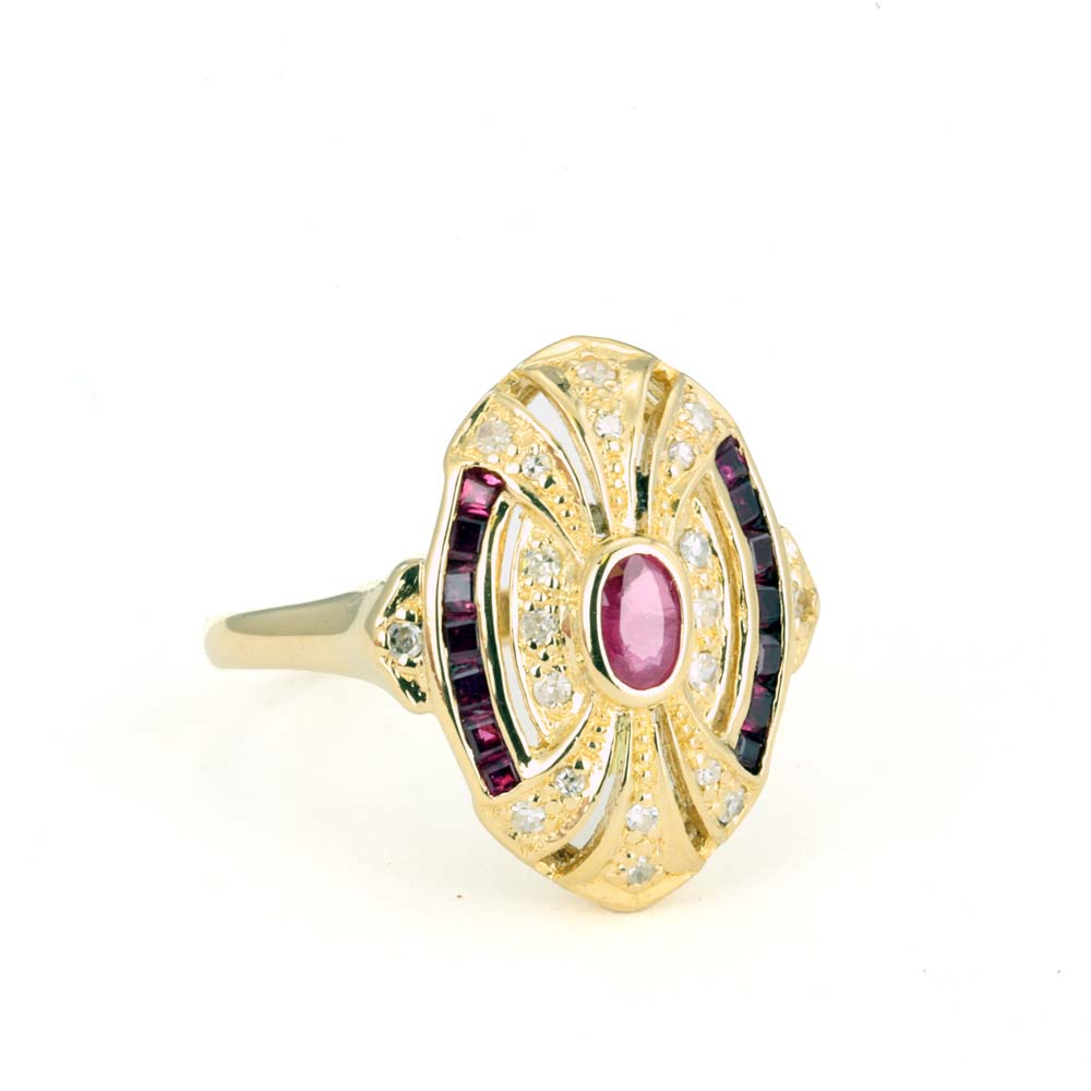 Bague en Or jaune 18k avec Rubis et Diamants - Style "Art Déco"