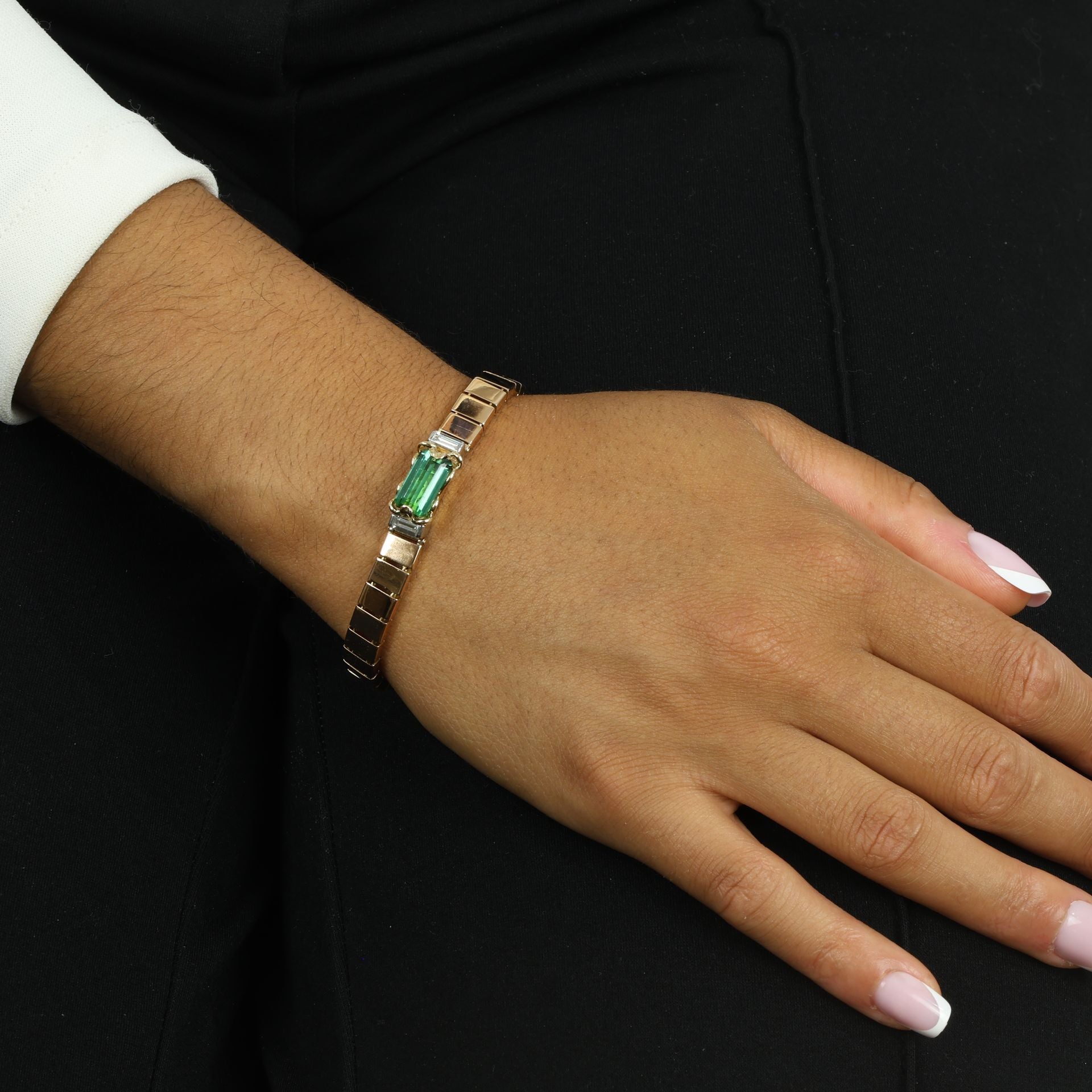 Bracelet deux Ors 18k avec Tourmaline verte et Diamants
