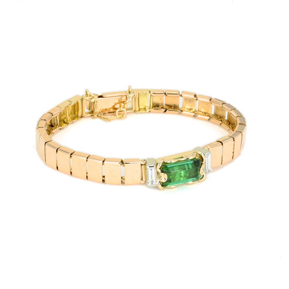 Bracelet deux Ors 18k avec Tourmaline verte et Diamants