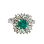 Bague en Or blanc 18k avec Émeraude et Diamants - Style "Marguerite"