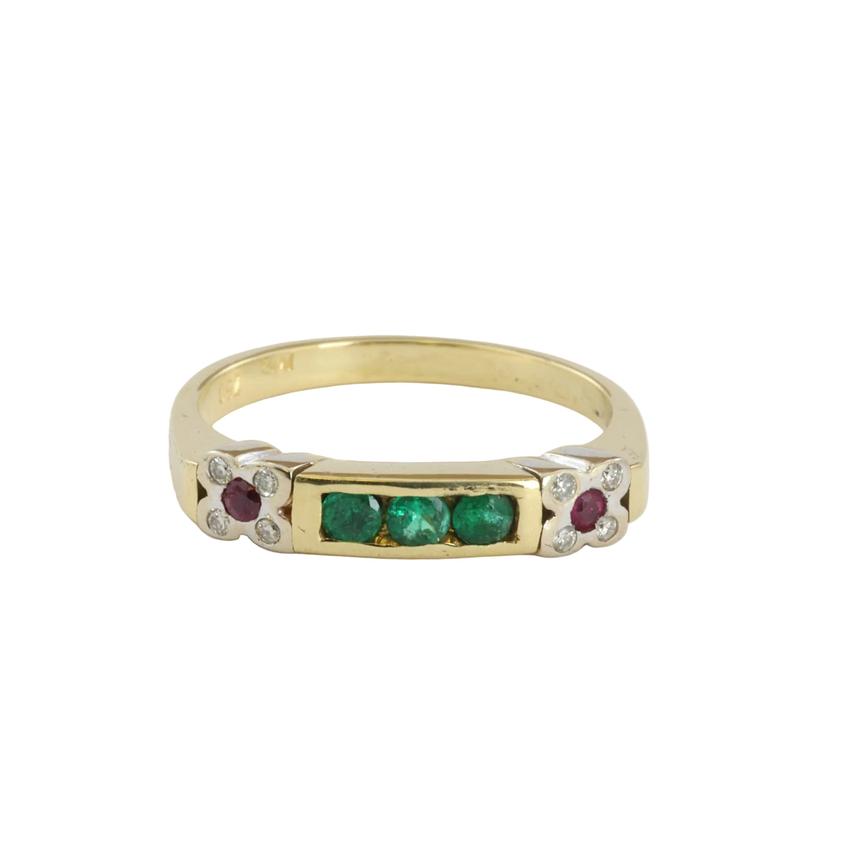 Anello in oro giallo e bianco 18k con smeraldi, diamanti e rubini