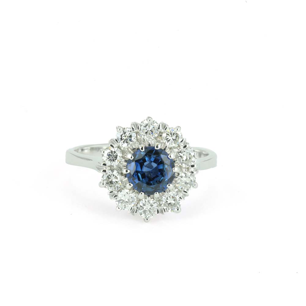 Bague en Or blanc 18k avec Saphir et Diamants - Style "Marguerite"