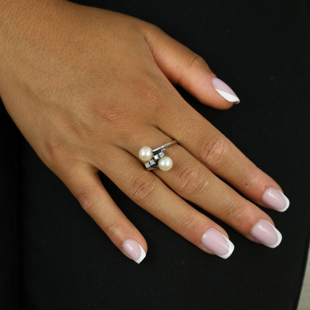 Bague en Or blanc 18k avec Perles et Zirconiums - Style "Toi et Moi"