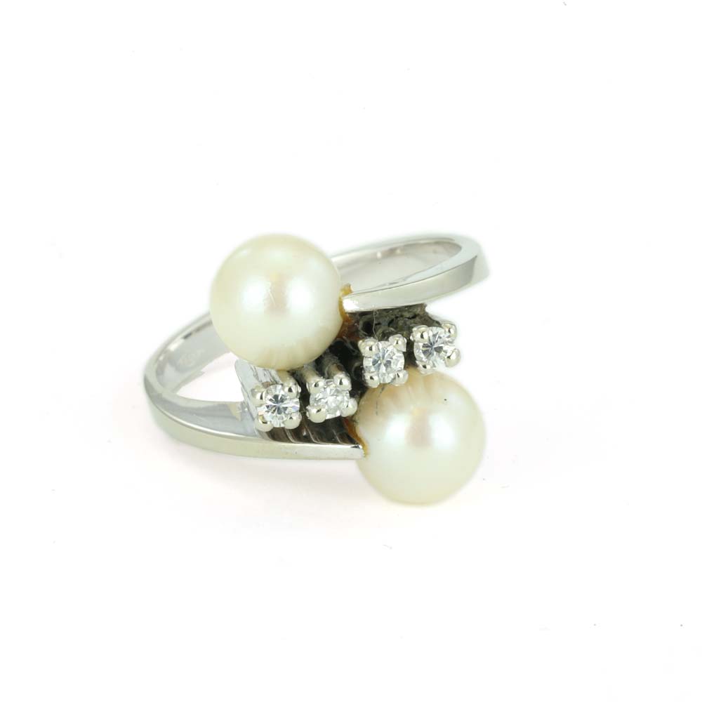 Bague en Or blanc 18k avec Perles et Zirconiums - Style "Toi et Moi"