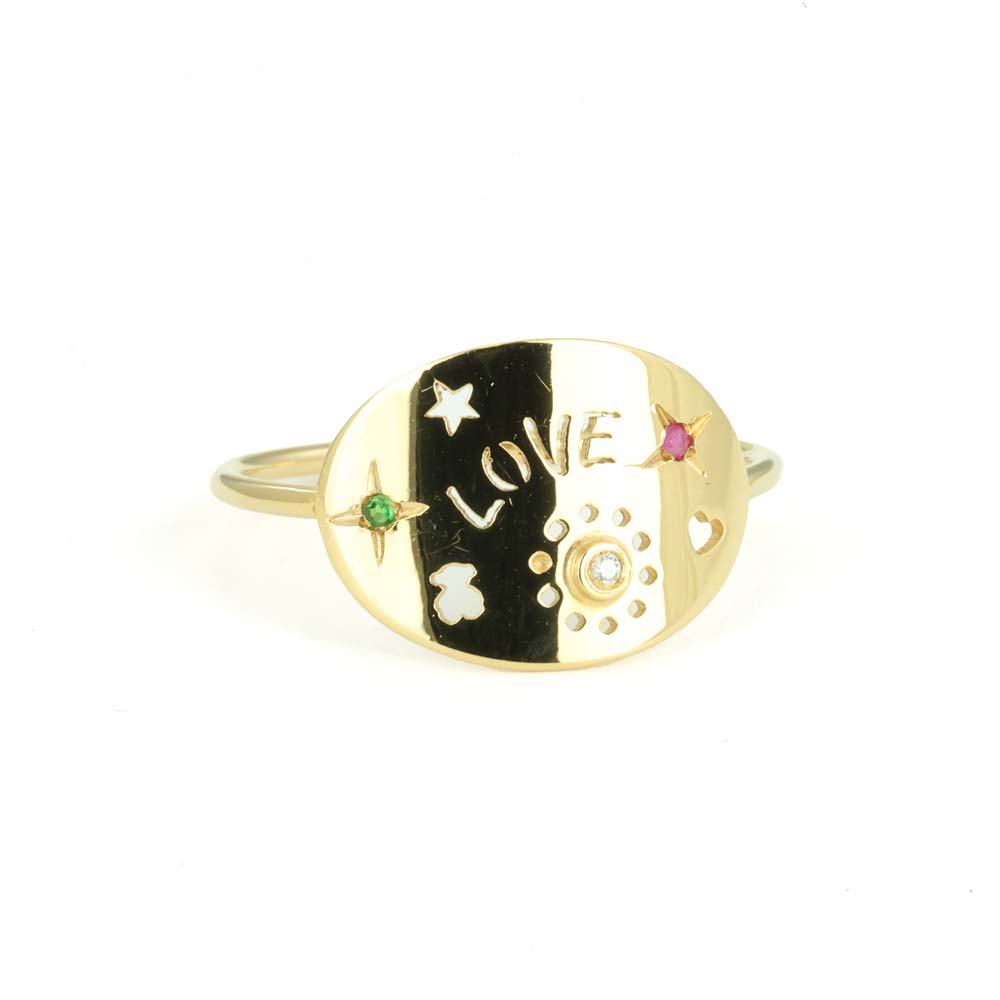 Bague "Tous" en Or jaune 18k - Motif "Etoiles et Love"