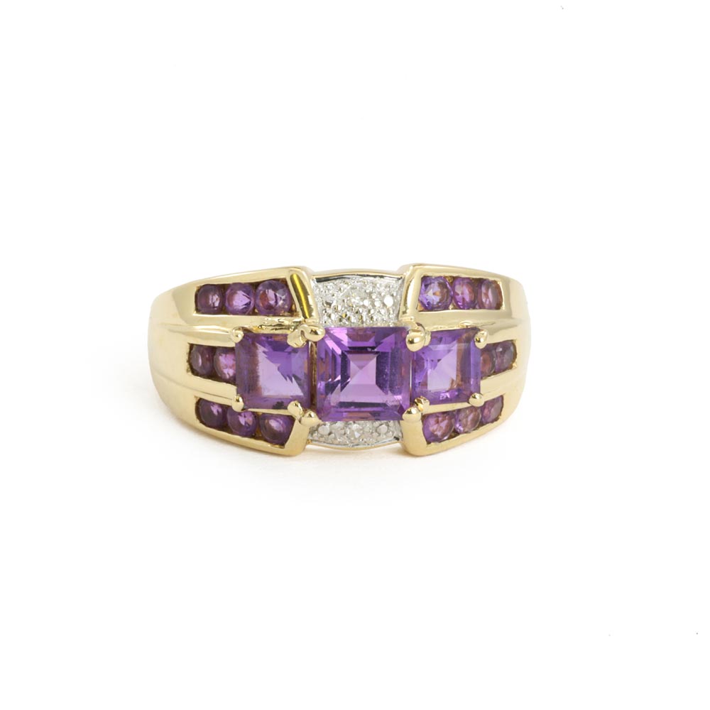 Bague en or jaune 18k avec Améthystes et Diamants - Style "Tank"