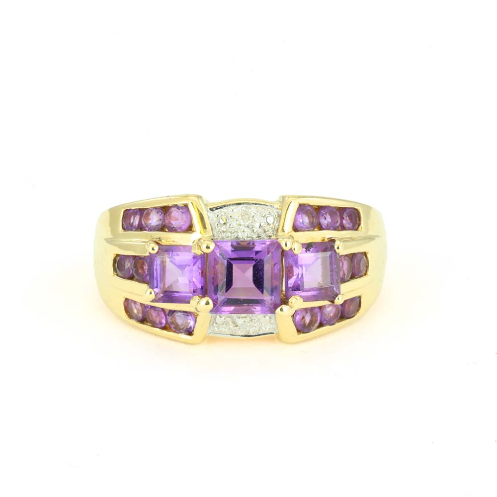 Bague en or jaune 18k avec Améthystes et Diamants - Style "Tank"