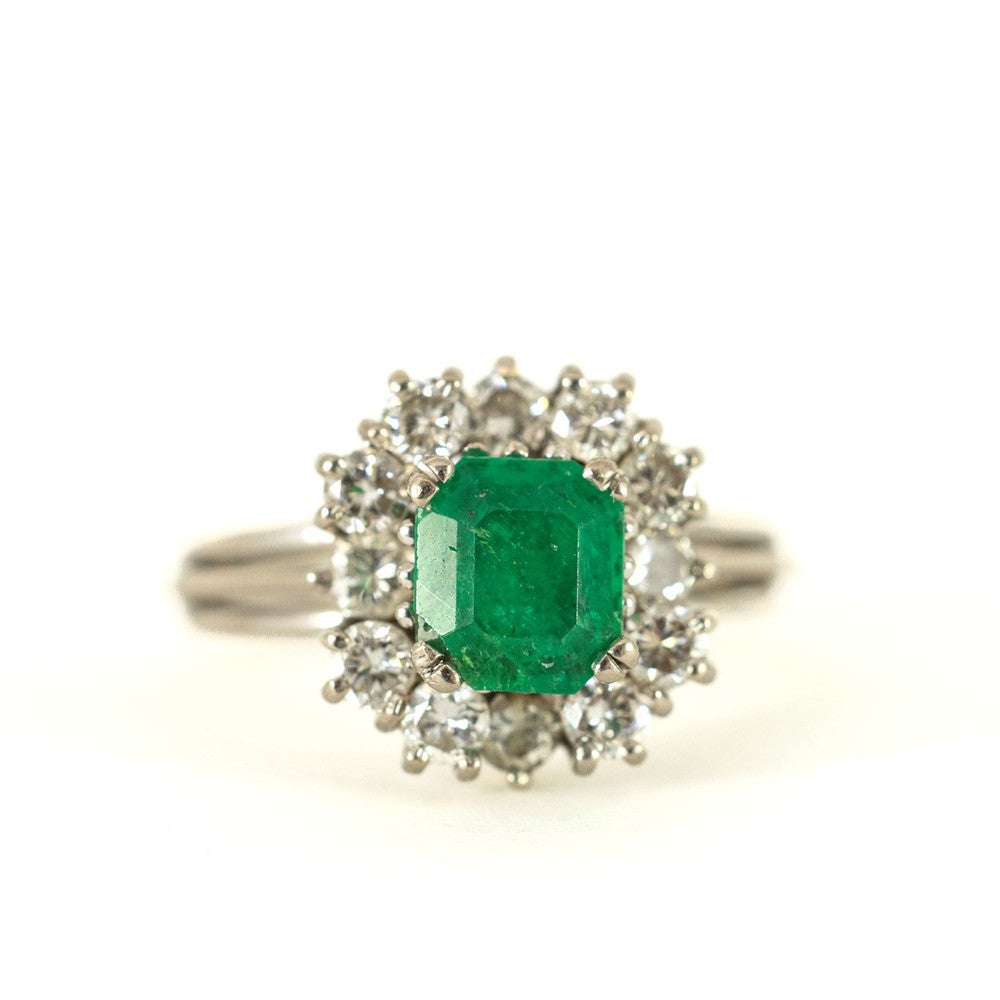 Bague en Or blanc 18k avec Emeraude et Diamants